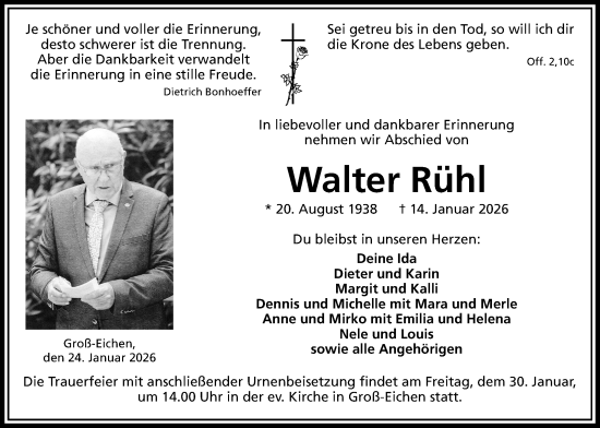 Traueranzeige von Walter Rühl von Giessener Allgemeine, Alsfelder Allgemeine