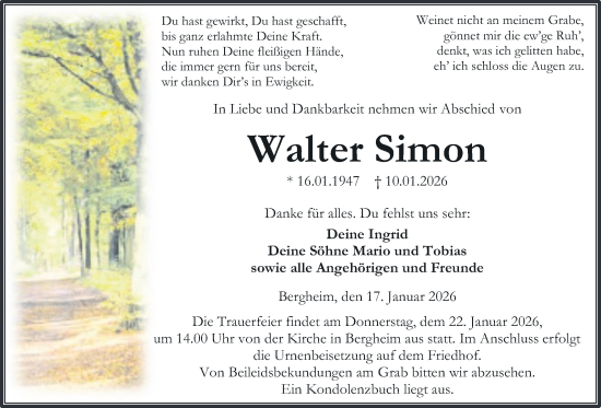 Traueranzeige von Walter Simon von Kreis-Anzeiger
