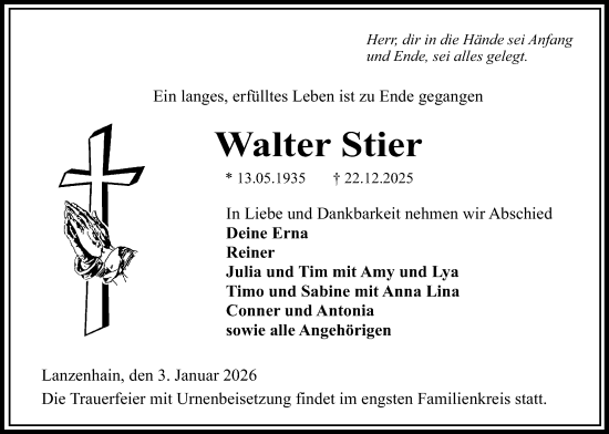 Traueranzeige von Walter Stier von Lauterbacher Anzeiger