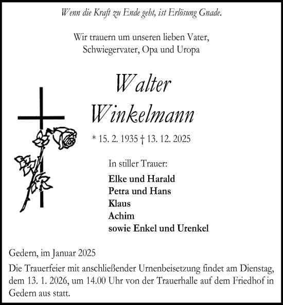 Traueranzeige von Walter Winkelmann von Kreis-Anzeiger