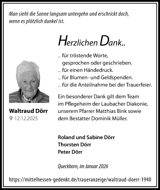 Traueranzeige von Waltraud Dörr von Giessener Allgemeine, Alsfelder Allgemeine
