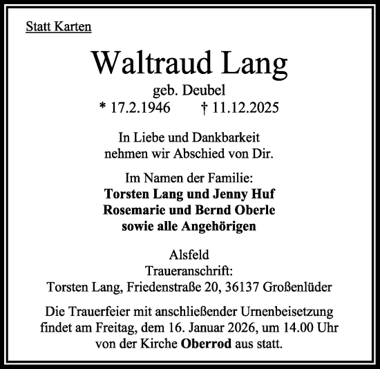Traueranzeige von Waltraud Lang 