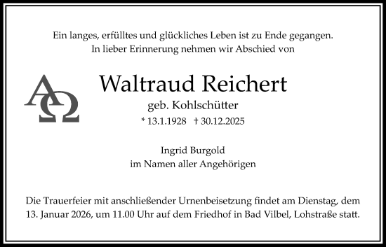 Traueranzeige von Waltraud Reichert von Bad Vilbel/Karben
