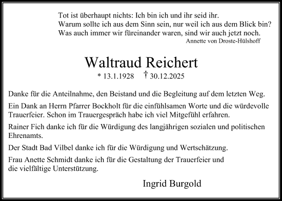 Traueranzeige von Waltraud Reichert von Bad Vilbel/Karben