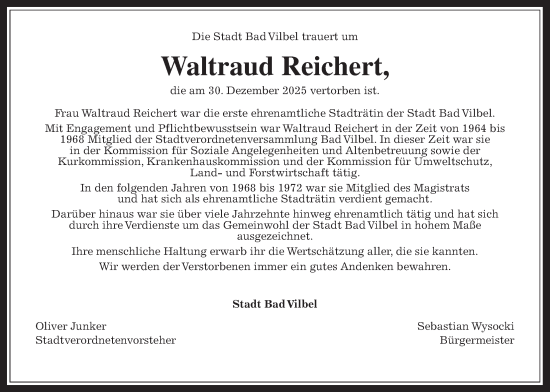 Traueranzeige von Waltraud Reichert von Bad Vilbel/Karben