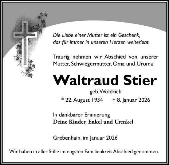 Traueranzeige von Waltraud Stier von Lauterbacher Anzeiger