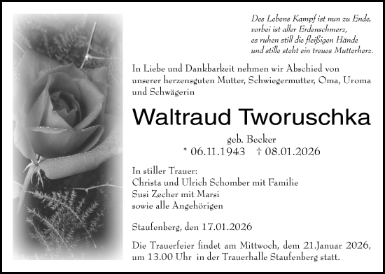 Traueranzeige von Waltraud Tworuschka von Giessener Allgemeine, Alsfelder Allgemeine