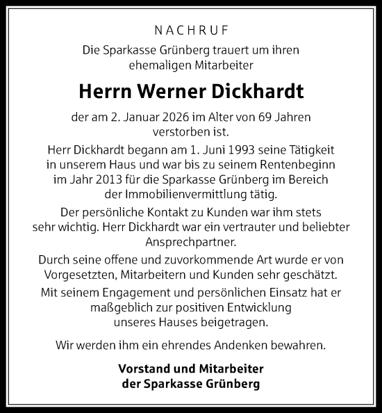 Traueranzeige von Werner Dickhardt von Giessener Allgemeine, Alsfelder Allgemeine