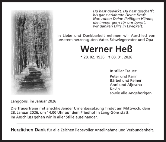 Traueranzeige von Werner Heß von Giessener Anzeiger, Giessener Allgemeine, Alsfelder Allgemeine