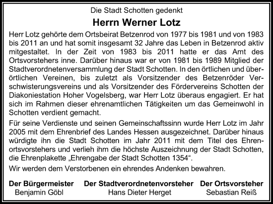 Traueranzeige von Werner Lotz von Kreis-Anzeiger