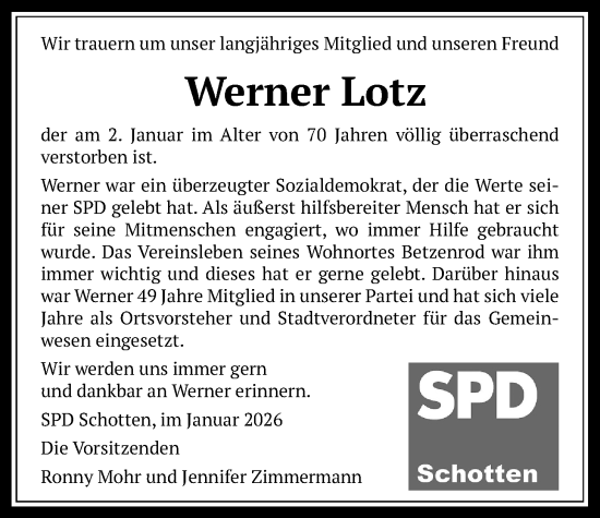 Traueranzeige von Werner Lotz von Kreis-Anzeiger