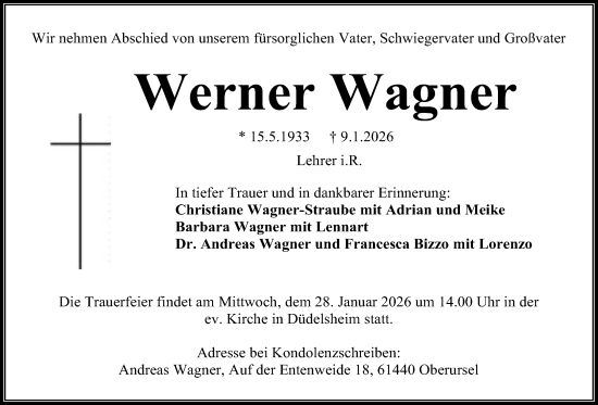 Traueranzeige von Werner Wagner von Kreis-Anzeiger