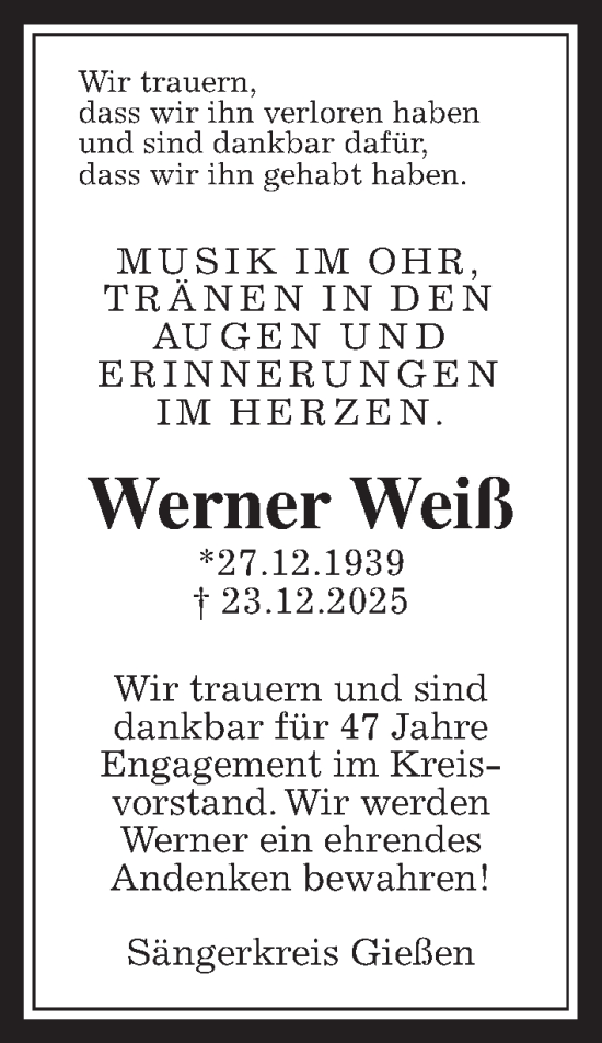 Traueranzeige von Werner Weiß von Giessener Anzeiger, Giessener Allgemeine, Alsfelder Allgemeine