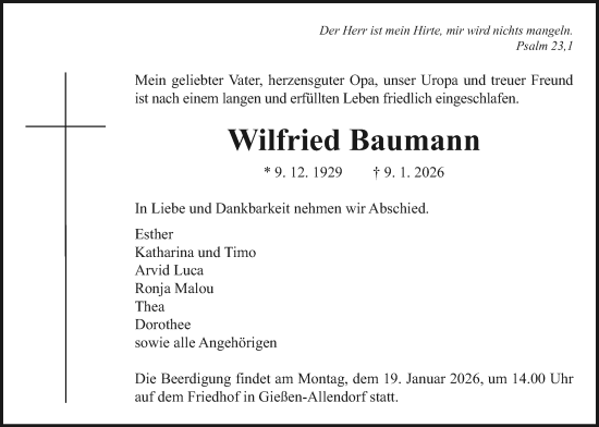 Traueranzeige von Wilfried Baumann von Giessener Anzeiger, Giessener Allgemeine, Alsfelder Allgemeine