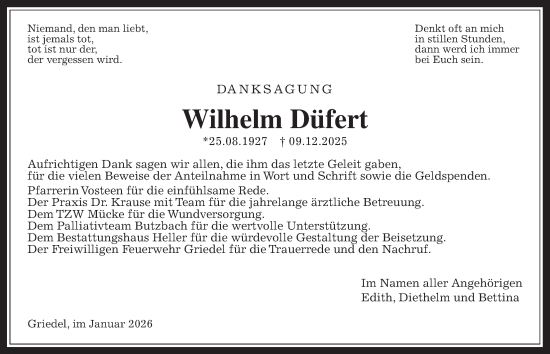Traueranzeige von Wilhelm Düfert von Butzbacher Zeitung