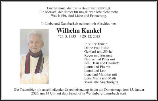 Traueranzeige von Wilhelm Kunkel von Giessener Allgemeine, Alsfelder Allgemeine