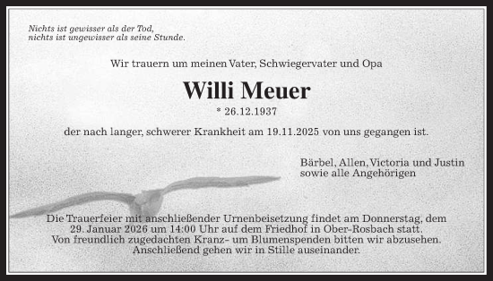 Traueranzeige von Willi Meuer von Wetterauer Zeitung