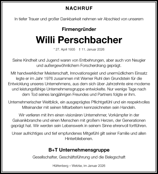 Traueranzeige von Willi Perschbacher von Giessener Allgemeine, Alsfelder Allgemeine