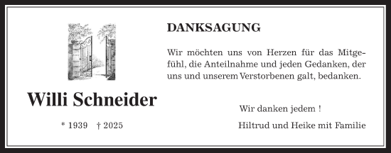 Traueranzeige von Willi Schneider von Wetterauer Zeitung, Giessener Allgemeine, Alsfelder Allgemeine