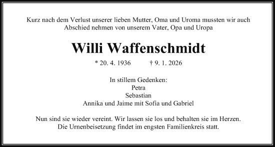 Traueranzeige von Willi Waffenschmidt von Giessener Allgemeine, Alsfelder Allgemeine