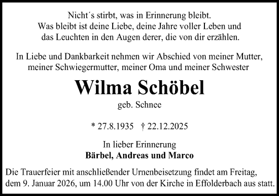 Traueranzeige von Wilma Schöbel von Kreis-Anzeiger