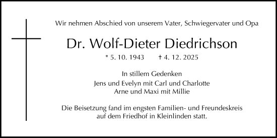 Traueranzeige von Wolf-Dieter Diedrichson von Giessener Anzeiger, Giessener Allgemeine, Alsfelder Allgemeine
