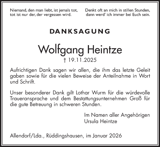 Traueranzeige von Wolfgang Heintze von Giessener Allgemeine, Alsfelder Allgemeine