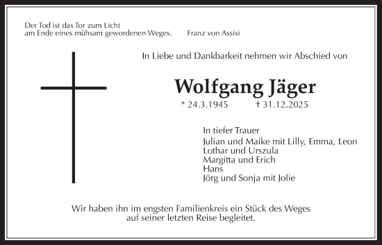 Traueranzeige von Wolfgang Jäger von Giessener Anzeiger, Giessener Allgemeine, Alsfelder Allgemeine
