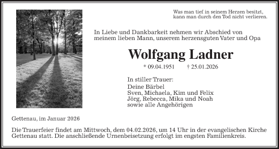 Traueranzeige von Wolfgang Ladner von Wetterauer Zeitung