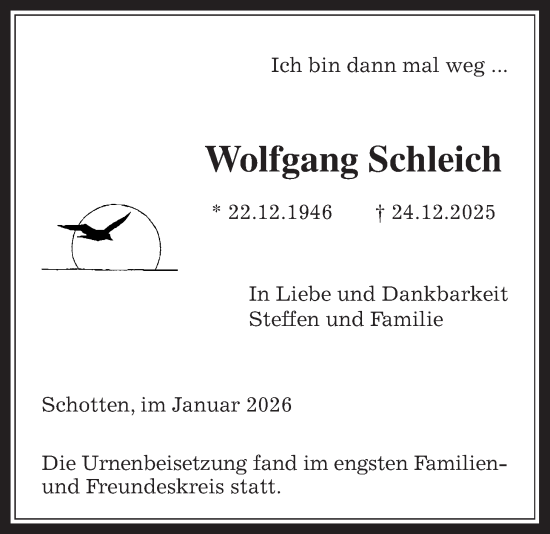Traueranzeige von Wolfgang Schleich von Kreis-Anzeiger