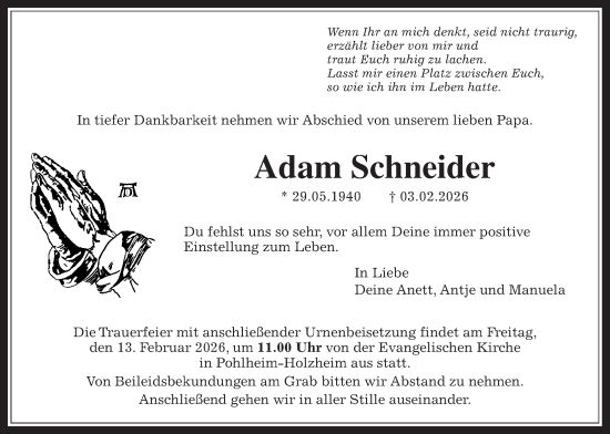 Traueranzeige von Adam Schneider von Giessener Allgemeine, Alsfelder Allgemeine