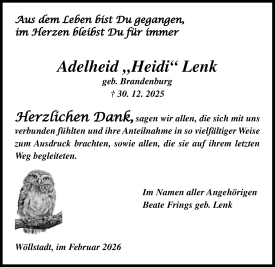 Traueranzeige von Adelheid Lenk von Wetterauer Zeitung