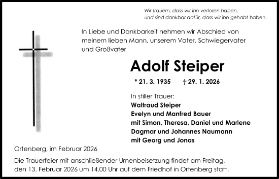 Traueranzeige von Adolf Steiper von Kreis-Anzeiger