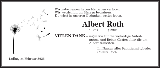 Traueranzeige von Albert Roth von Giessener Allgemeine, Alsfelder Allgemeine, Giessener Anzeiger