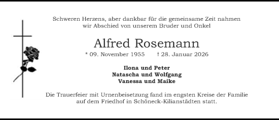 Traueranzeige von Alfred Rosemann von Bad Vilbel/Karben