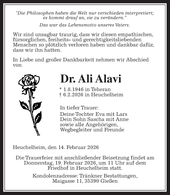 Traueranzeige von Ali Alavi von Giessener Allgemeine, Alsfelder Allgemeine, Giessener Anzeiger