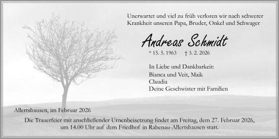 Traueranzeige von Andreas Schmidt von Rabenauer Zeitung, Giessener Allgemeine, Alsfelder Allgemeine