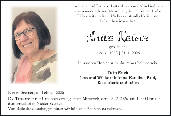 Traueranzeige von Anita Kaiser von Kreis-Anzeiger