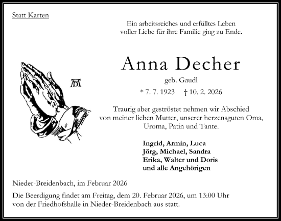 Traueranzeige von Anna Decher von Oberhessische Zeitung