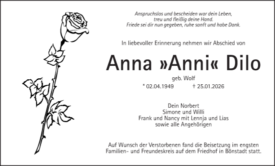 Traueranzeige von Anna Dilo von Wetterauer Zeitung