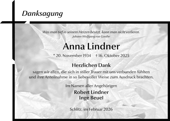Traueranzeige von Anna Lindner von Lauterbacher Anzeiger