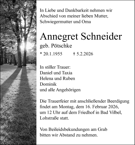 Traueranzeige von Annegret Schneider von Bad Vilbel/Karben