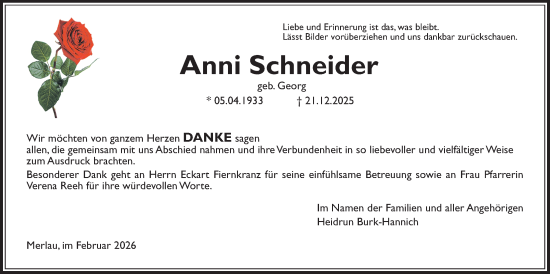 Traueranzeige von Anni Schneider von Mücker Stimme