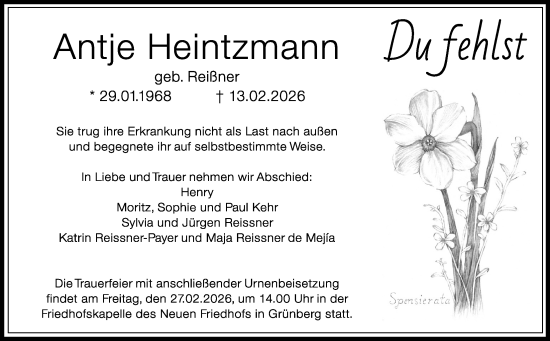 Traueranzeige von Antje Heintzmann von Giessener Allgemeine, Alsfelder Allgemeine