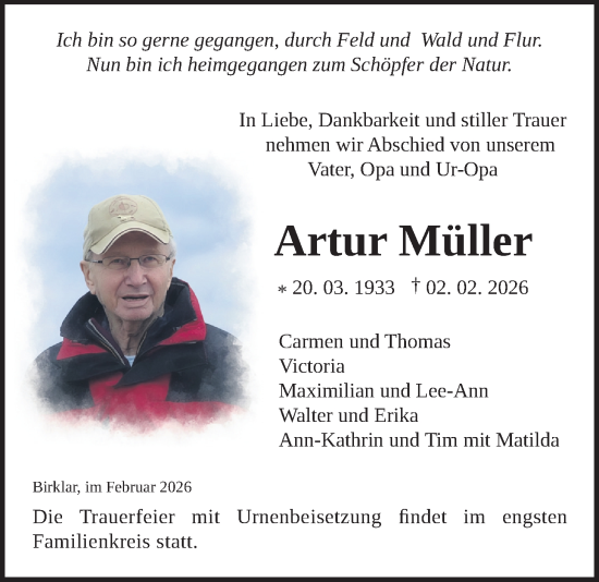Traueranzeige von Artur Müller von Licher Wochenblatt