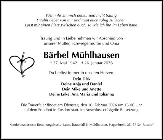 Traueranzeige von Bärbel Mühlhausen von Wetterauer Zeitung
