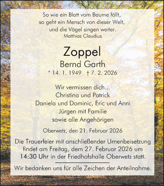 Traueranzeige von Bernd Garth von Usinger Anzeiger