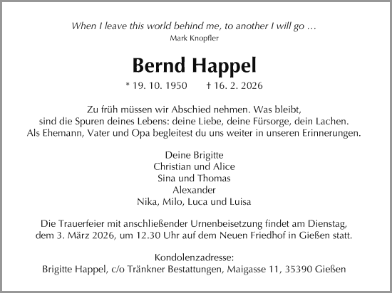 Traueranzeige von Bernd Happel von Giessener Anzeiger, Giessener Allgemeine, Alsfelder Allgemeine, Pohlheimer Nachrichten