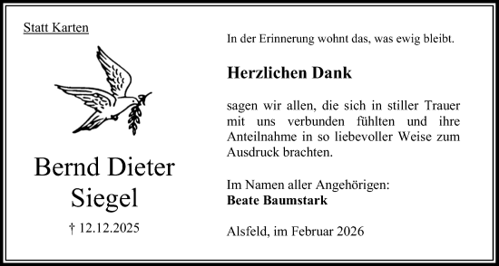 Traueranzeige von Bernd Dieter Siegel von Oberhessische Zeitung