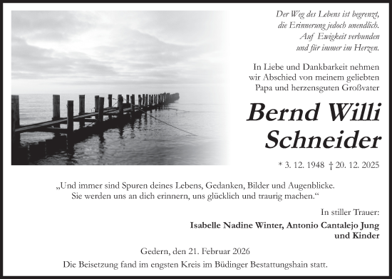 Traueranzeige von Bernd Willi Schneider von Kreis-Anzeiger